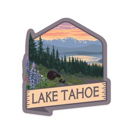 Die Cut Sticker Lake Tahoe, Black Bear and Cubs with Flowers, Contour Vinyl Sticker 3 to 6 inches, (Waterproof Decal for Cars, Water Bottles, Laptops, Coolers), Large