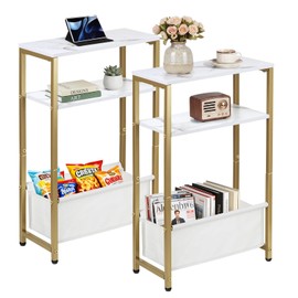 NovaNoka Narrow Side Tables Set of 2 for Small Spaces, Slim End Tables with Fabric Storage Basket, Thin Bedside Table with Faux Marble Tabletop for Living Room, Bedroom, Gold