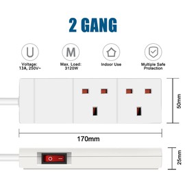 EXTRASTAR 2 Gang Extension Lead with Led Indicator and Side Switch in White, 1M Extension Cord 13A UK Plug Max 3120W, 2 Socket Power Strip for Home Office School