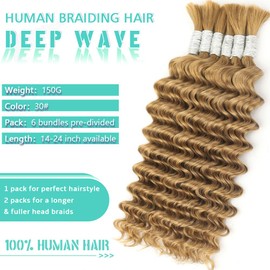 Auburn Ginger Human Braiding Hair for Boho Braids 150g 14 Inch Bulk Human Hair for Braiding Curly Boho Hair for Braiding Knotless 12A Deep Wave Bohemian 6 Bundles/Pack 30#