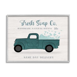 Stupell Industries Fresh Soap Co. Vintage Green Truck Bath Bubbles, Designed by Natalie Carpentieri Gray Framed Wall Art, 14 x 11, Off- White