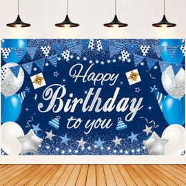 Happy Birthday Decorations Banner Sign,Blue Happy Birthday Backdrop,Birthday Party Supplies Photo Background for Men Women,70.8 x 45.3 Inch(Navy Blue and Silver)