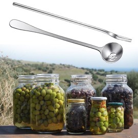 2 Pack Olive Spoon and Pickle Fork Set - 304 Stainless Steel Long Handle Pick Jar Serving Spoon with Drain Hole - Food Picker for Pickle Cucumber Arugula (2 Pack)