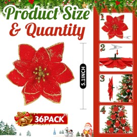 OCTERIC 36 Pcs Christmas Glitter Poinsettia Flowers Artificial Flower Ornaments Fake Flower Decorations Glitzy Poinsettia with Clips for Xmas Tree Wreaths Holiday Home Party Deco (Red)