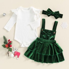 Loalirando Newborn Baby Girl Christmas/Valentine's Day Suspender Skirt Set Knit Ribbed Long Sleeve Romper Velvet Ruffles Overall Skirt Headband 3Pcs Fall Winter Clothes Set (Green, 6-12 Months)