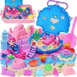 G.C Ocean Mermaid Sensory Bin for Girl Kid Toy, 2lb Play Sand/Large Sea Shell/Sandbox/ 6 Castle Molds/Figures, Mermaid Sensory Toys Christmas Birthday Gift for Toddlers Girls Age 3 4 5 6 7 8