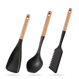 Svailse Silicone Spatula Set, 3Pcs Cooking Spatulas Spoons for Nonstick Cookware, Heat Resistant Multifunction Spoon with Wood Handle for Mixing, Scoop and Scrape (Black)