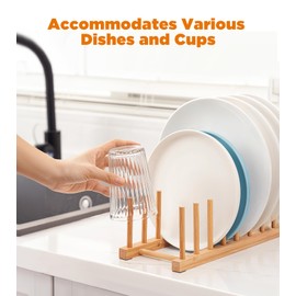 RISHTEN Bamboo Dish Drying Rack, Wooden Storage Holder Organizer for Plate/Bowl/Cup/Book/Pot/Lid/Cutting Board Drying Rack Stand Holder