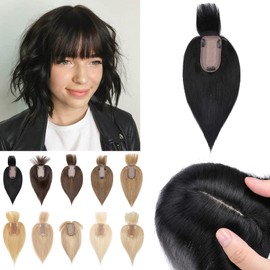 S-noilite 150% Density Human Hair Toppers with Bangs Silk Base Clip in Topper For Women with Thinning Hair Cover Gray Hair Clip on Top Hairpieces For Short Hair 10 Inch 33g #1 Jet Black