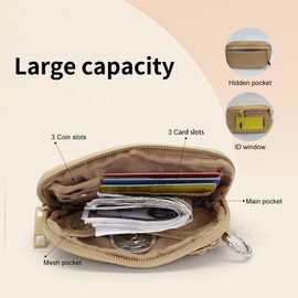 AdiStylinno Women's Coin Bag, Portable Nylon Keyring Purse, Small Lightweight Zip Card Slots, Wallet, Women Fashion Change Wallet with Key Ring and ID Window, khaki, Casual