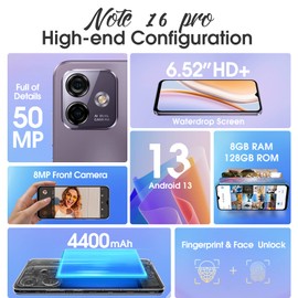 Ulefone Note 16 Pro 16GB+128GB Mobile Phones, 50MP Camera Octa Core Smartphone SIM-Free Unlocked 6.52" HD+ 4400mAh 4G Dual SIM Android 13 Fingerprint Face ID GPS OTG, UK Version Black