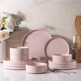 AmorArc Ceramic Dinnerware Set for 4 | Speckled Stoneware Plates and Bowls with unglazed terracotta | Scratch Resistant, Dishwasher & Microwave Safe Dishes Sets- 12-Pcs Pink