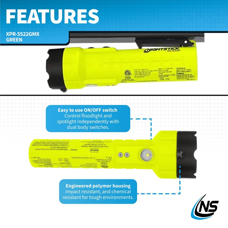 Nightstick XPR-5522GMX Intrinsically Safe Dual-Light Flashlight w/Magnets-Rechargeable-Green-UL913 / ATEX, Multicolor