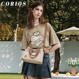 CORIOS Canvas Crossbody Bag for Women Casual Shoulder Bag Multi-Pockets Tote Handbag Ladies Top Handle Bag Large Messenger Bag Fashion Satchel Bag for Shopping Travel Office Work Daily Use Khaki