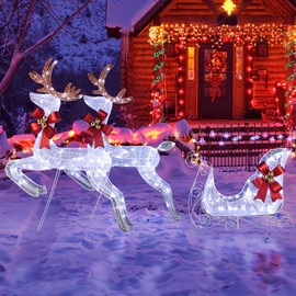 Reindeer and Sleigh Outdoor Decorations, Lighted Reindeer Christmas Outdoor Yard Decorations with 270 LED Lights, Light Up Reindeer with Sleigh Decor for Lawn, Garden, Outside and Indoor