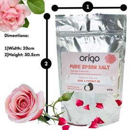 Origo Pure Epsom Salt with Rose Oil (rosa damascena) and Coconut Oil 1KG Best for Good Sleep and Raising Your Body Frequency - Stress Relief - Beauty - Relaxing - Body Care