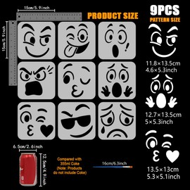FINGERINSPIRE 9Styles Cartoon Expression Pattern Stencils with a Brush 150 x 150 mm Cartoon Emoticon Painting Stencils Face Expression Stencils PET Character Theme Template for Wall Decoration
