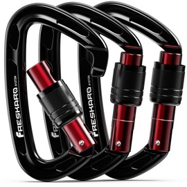 FresKaro Carabiner Black, Climbing Hook, Screw Cap, Auto-Close, Screw Cap, CE Certified Climbing Carabiner for Rappelling, Dog Leads, Large, Extra Strong 2550 kg, Pack of 3