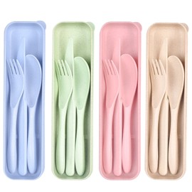 Lnrkai Travel Utensils Set with Case, 4 Sets Wheat Straw Reusable Spoon Knife Forks Tableware, Portable Cutlery Set for Lunch Box Accessories for Adults Kids Travel Picnic Camping or Daily Use