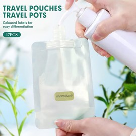 17PCS Travel Pouches and Travel Pots for Toiletries, 5ml Small Pots with Lids, 30ml/50ml/100ml Bottles, Portable Containers with Labels for Travel Shampoo and Conditioner Cream