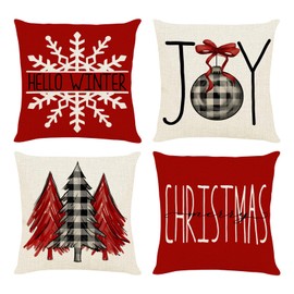 Ninonly Christmas Pillow Covers 18x18, Set of 4 Cotton Linen Vintage Snowflakes Christmas Tree Throw Pillow Covers Cushion Case Christmas Decorations for Home Sofa Couch, Red