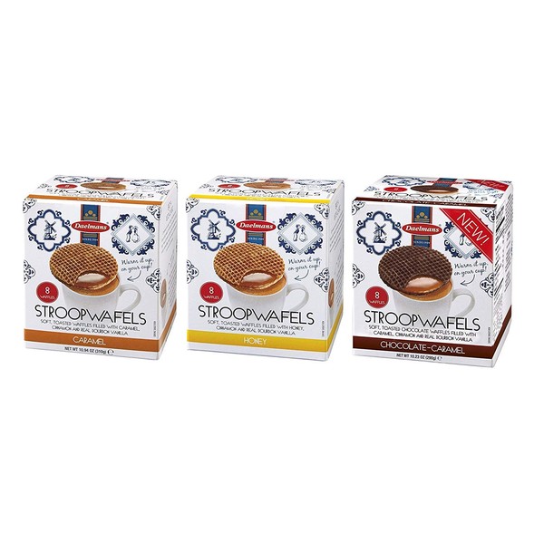 Daelmans Stroopwafels Wafers Variety Pack (Caramel, Honey, Chocolate) Jumbo Size (Pack of 3)
