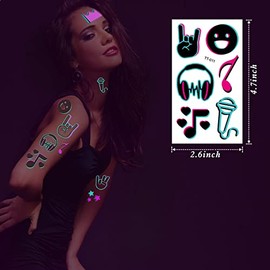 Konsait 10 Hojas Que Brillan En La Oscuridad Tatuajes Para Niños Adultos, Seguros Y Fáciles De Usar Tatuajes Temporales De Neón De Música, Notas Musicales Tatuajes De Luz Negra Uv, Re
