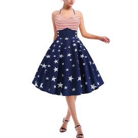 Independence Day Dress for Women American Flag Dress for Women Halter Dress 1950s Dresses for Women Vintage A Line Midi Dresses July 4th Dress Womens Patriotic Dress July Fourth Navy Blue Stripe XXL