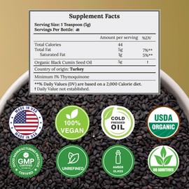 Black Seed Oil Organic Cold Pressed Unrefined Glass Bottle | USDA Certified Organic Black Cumin Seed Oil | High Thymoquinone Omega 3 6 9 | For Immune Support, Joints, Digestion, Hair & Skin | 8 Fl oz