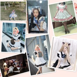 Wannsee Japanese Anime 6Pcs Lolita French Maid Apron Fancy Dress Cosplay Costume Gloves Headwear Socks set(Pink Plus size 4XL)