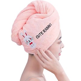 XGOPTS Women Girls Hair Drying Cap Towels Cute Cartoon Rabbit Embroidery Quick Dry Hair Towel Wrap Super Absorbent Coral Velvet Dry Hair Hat Double Layer Thickened Dry Hair Cap Towel Turban