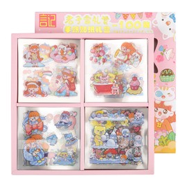 Cute Stickers Set(100 Sheets 600+ Small Pieces) - Kawaii PET Transparent Cartoon Decorative Scrapbooking Supplies for Bullet Journaling Junk Journal Planner Album Notebook Card Making