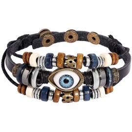 MINACHI Evil Eye Bead Layered Bracelets, Vintage Gothic Leather, Stacked Bracelet Set for Women