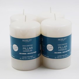 Hosley White Unscented Pillar Candle 4" High Set of 4, Hand-Poured Candle Long Clean Burning, Ideal for Wedding Emergency Lanterns Spa Aromatherapy Party Reiki Candle Gardens
