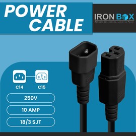 IronBox Electric - Heavy-Duty C14 to C15 PC Power Cable - 10A, 250V, 18/3 SJT - IEC 320 Computer Power Supply Extension Cords - PSU Wire Connectors - Versatile for Home and Office Use(Black, 4 Foot)