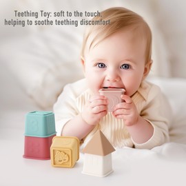 YIVEKO Baby Stacking Cups Toy, Silicone Stacking Tower, Silicone Soft Teething Toy Educational Baby Toys, Baby Building Toys Blocks, 6 Months+, 8 Pcs Set-Vintage