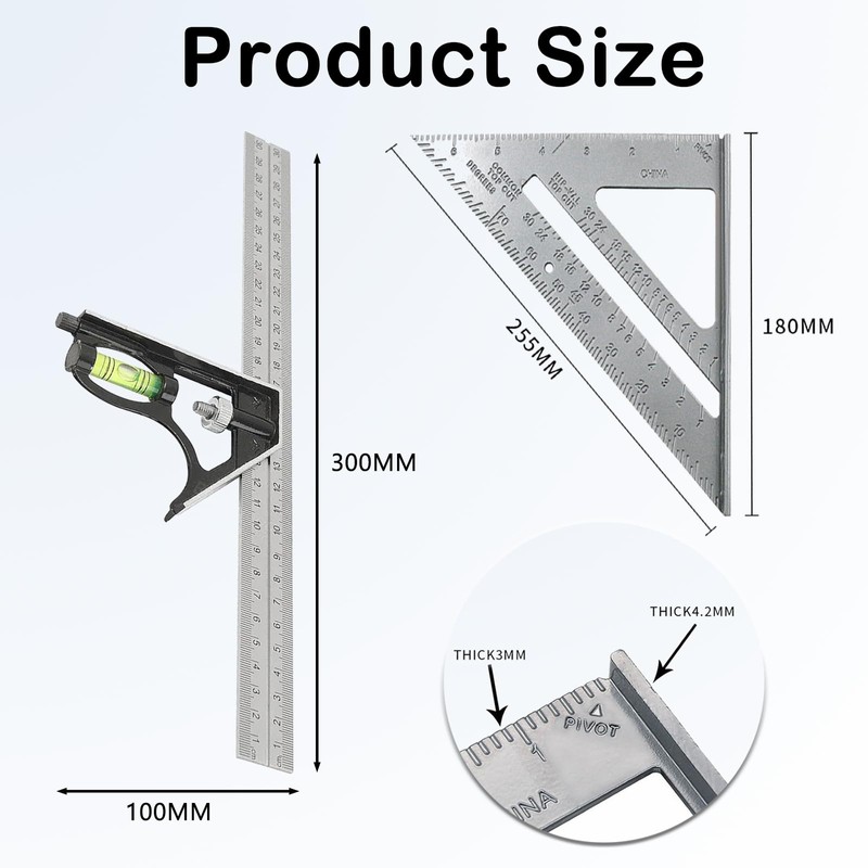 2 Pcs Set Square Carpentry,Square Tool Carpenters Square Combination Square,Carpentry