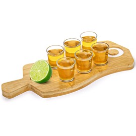 Suwimut Tequila Shot Board Shot Glasses Serving Tray with 6 Shot Glasses, Bamboo Shot Glasses Holder with Salt Rim, Tequila Flight Board for Liquor, Party, Wedding, Housewarming, Club, Home, Bar