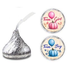 216 Pumpkin Fall Themed Gender Reveal Kisses Stickers, Team Boy Team Girl Baby Shower Or Sprinkle Event Decorations, Wrappers, Labels, Favors Great for Tags, Games and Supplies (Pink, Blue)