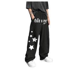 GORGLITTER Men's Y2K Graphic Baggy Sweatpants Drawstring Waist Wide Leg Jogger Pants with Pockets Black Star Large