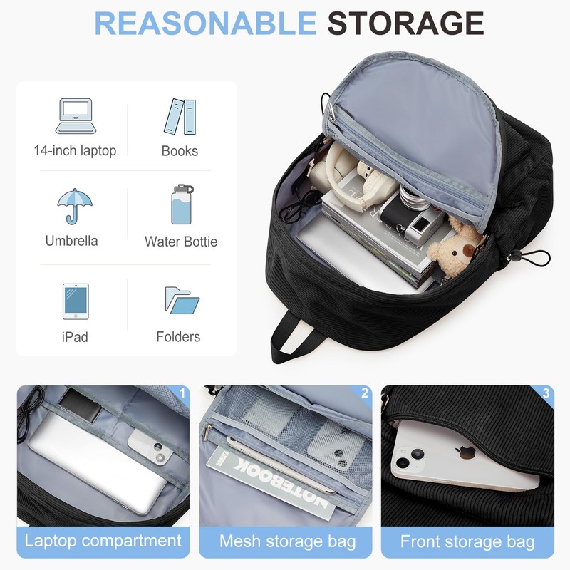 WEPOET Black School Backpack for Teens Boys Girls Cute Corduroy