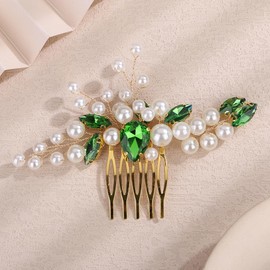 Teyglen Wedding Pearl Hair Comb Elegant Green Crystal Pearl Hair Piece Bride Wedding Hair Comb Decorative Hair Accessories for Women Pearl Rhinestone Headpiece (Green)