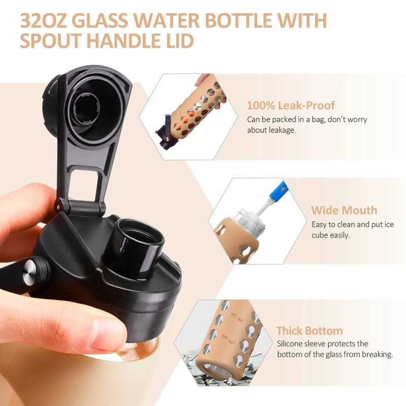 MUKOKO 32oz Glass Water Bottles with 2 Lids-Handle Spout Lid&Bamboo