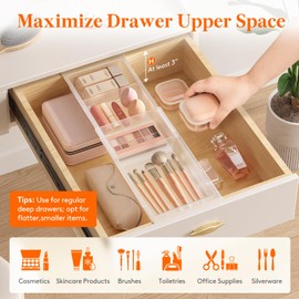 Lifewit 2 Pack Sliding Makeup Drawer Organiser Trays with Inserts, Expandable Hanging Desk Drawer Divider, 14-23" Long/1.8" High Plastic Organiser Tray in Vanity/Bathroom/Office/Kitchen, Translucent