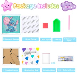 5D Children's Diamond Painting with Frame, Cute Stitch DIY Diamond Mosaic Set for Beginners, Wall Decoration for Children's Room, Creative Girl Gift, Birthday Gift with Gift Box, 15 x 15 cm