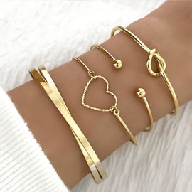 Gold Bracelets for Women Waterproof Dainty Bangle Cuff Bracelets Set Trendy Stackable Cuban Link Paperclip Chain Heart Bracelet Pack Fashion Jewelry Accessories (4Pcs)