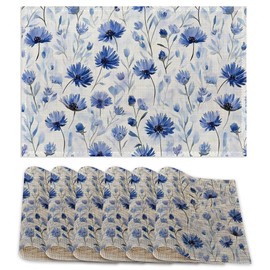 Blue Floral Placemats Set of 6,Cornflower Table Mates Non-Slip Heat Resistant Washable Linen Place Mats for Party Kitchen Dining Decoration Indoor Outdoor 12"x18"