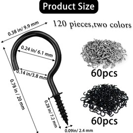 JOOTUEPO 120 Pieces 1/2 Inch Cup Hooks Mini Ceiling Screw Hooks for Hanging Plants, Christmas Decor, Cups (Silver, Black)