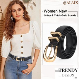 ALAIX Women's Leather Belt for Jeans Pants Dress Black Leather Belt with Gold/Silver Buckle Fashion Waist Jeans Belts for Women