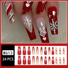 Christmas Red French Tip Press on Nails Long Square Coffin Fake Nails with Cute Elk Snowflake Design Gold Glitter False Nails Xmas Winter Glue on Nails Artificial Stick on Nails for Women Girl 24Pcs